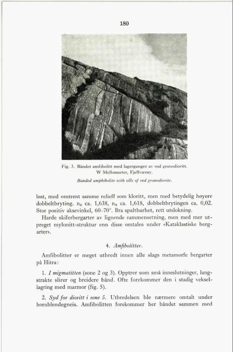 Bra spaltbarhet, rett utslokning. Harde skiferbergarter av lignende sammensetning, men med mer ut preget mylonitt-struktur enn disse omtales under «Kataklastiske berg arter». 4. Amfibolitter.