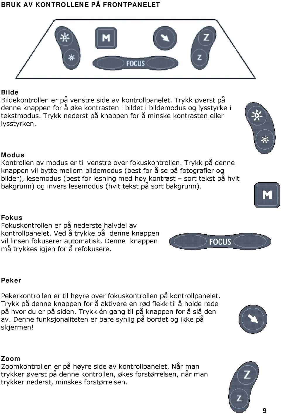 Trykk på denne knappen vil bytte mellom bildemodus (best for å se på fotografier og bilder), lesemodus (best for lesning med høy kontrast sort tekst på hvit bakgrunn) og invers lesemodus (hvit tekst