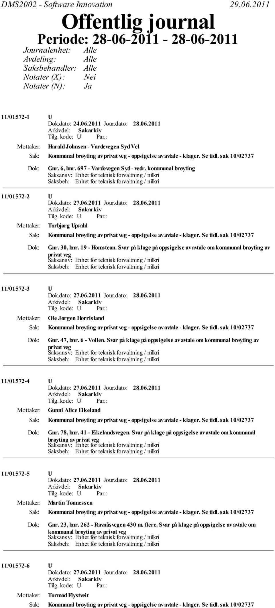 697 - Vardevegen Syd - vedr. kommunal brøyting 11/01572-2 U Mottaker: Torbjørg Upsahl Kommunal brøyting av privat veg - oppsigelse av avtale - klager. Se tidl. sak 10/02737 Gnr. 30, bnr.