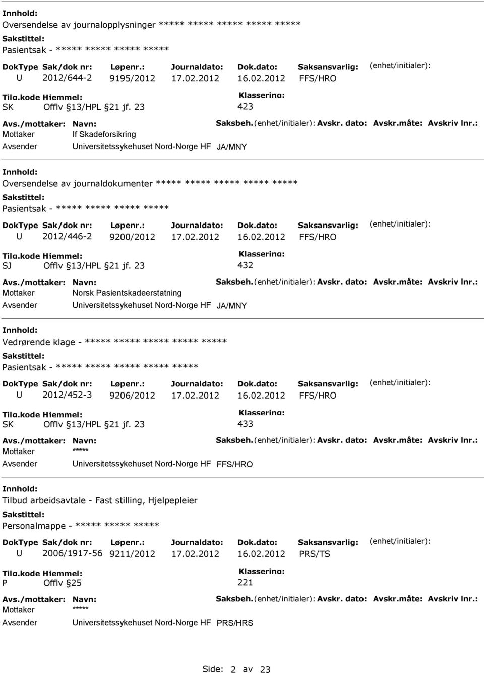 : Mottaker f Skadeforsikring niversitetssykehuset Nord-Norge HF JA/MNY Oversendelse av journaldokumenter ***** ***** ***** ***** ***** asientsak - ***** ***** ***** ***** 2012/446-2 9200/2012 SJ