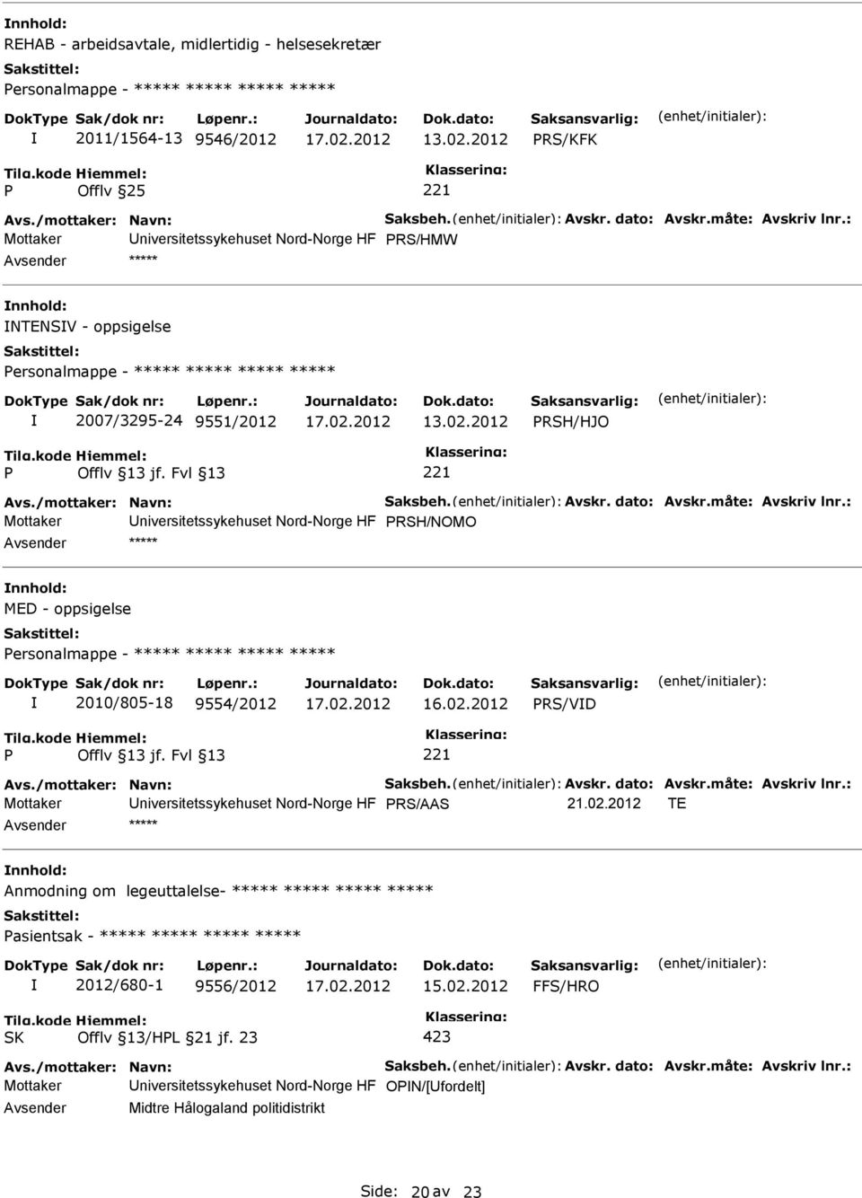 dato: Avskr.måte: Avskriv lnr.: Mottaker niversitetssykehuset Nord-Norge HF RSH/NOMO ***** MED - oppsigelse ersonalmappe - ***** ***** ***** ***** 2010/805-18 9554/2012 RS/VD Avs.