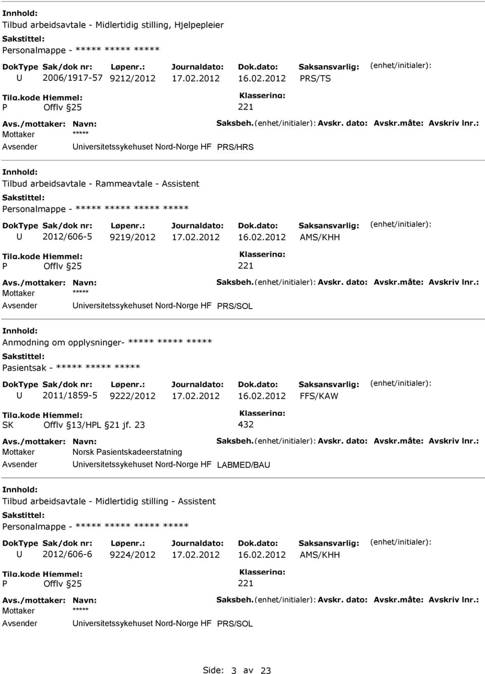 dato: Avskr.måte: Avskriv lnr.: niversitetssykehuset Nord-Norge HF RS/SOL Anmodning om opplysninger- ***** ***** ***** asientsak - ***** ***** ***** 2011/1859-5 9222/2012 FFS/KAW Offlv 13/HL 21 jf.