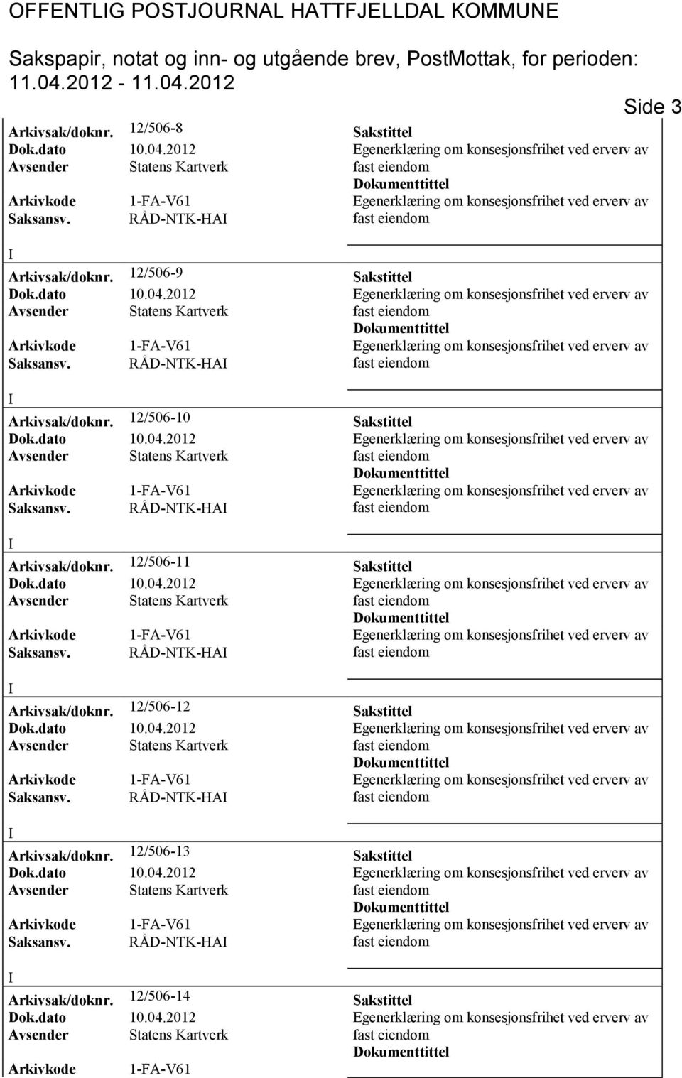 12/506-10 Sakstittel Saksansv. RÅD-NTK-HA Arkivsak/doknr. 12/506-11 Sakstittel Saksansv.