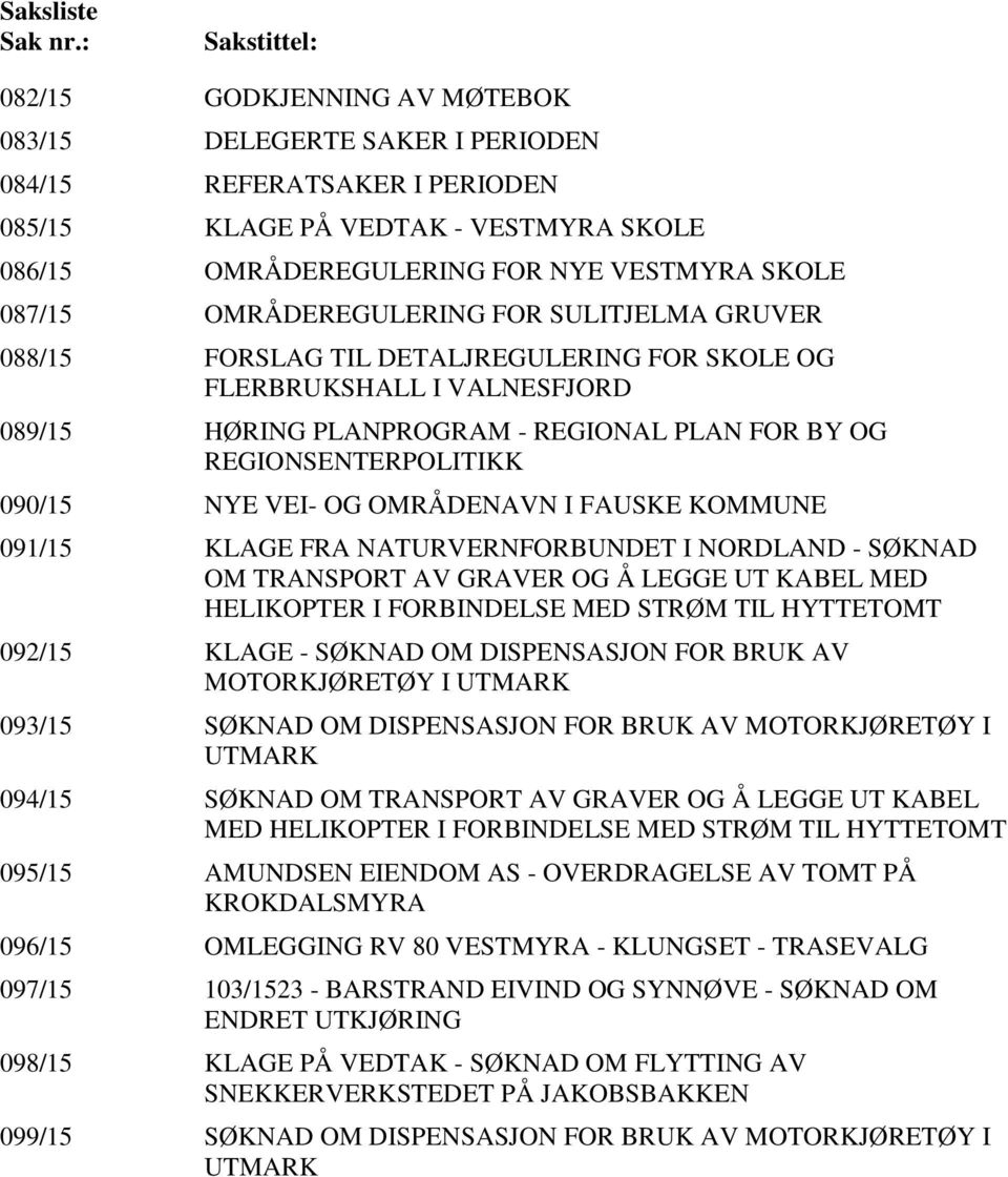 087/15 OMRÅDEREGULERING FOR SULITJELMA GRUVER 088/15 FORSLAG TIL DETALJREGULERING FOR SKOLE OG FLERBRUKSHALL I VALNESFJORD 089/15 HØRING PLANPROGRAM - REGIONAL PLAN FOR BY OG REGIONSENTERPOLITIKK