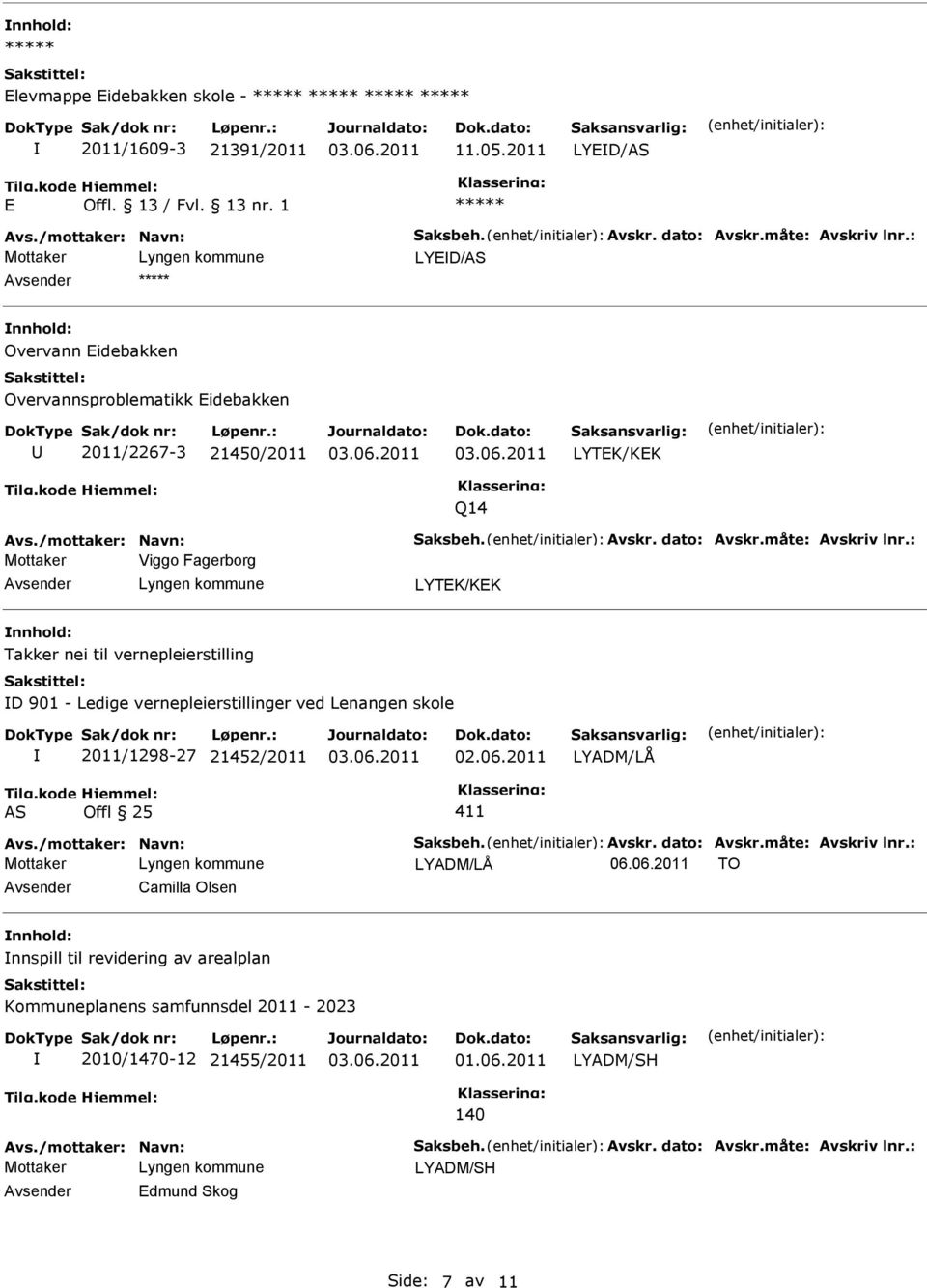 LYTK/KK nnhold: Takker nei til vernepleierstilling D 901 - Ledige vernepleierstillinger ved Lenangen skole 2011/1298-27 21452/2011 02.06.