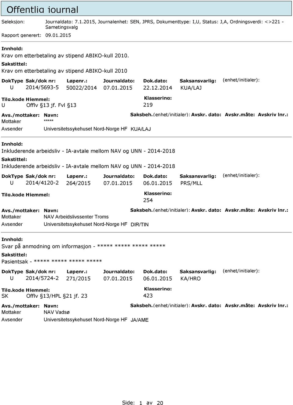 : Mottaker ***** niversitetssykehuset Nord-Norge HF KA/LAJ nkluderende arbeidsliv - A-avtale mellom NAV og NN - 2014-2018 nkluderende arbeidsliv - A-avtale mellom NAV og NN - 2014-2018 2014/4120-2