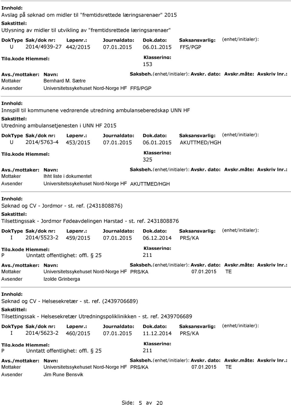 Sætre niversitetssykehuset Nord-Norge HF FFS/G nnspill til kommunene vedrørende utredning ambulanseberedskap NN HF tredning ambulansetjenesten i NN HF 2015 2014/5763-4 453/2015 AKTTMED/HGH 325 Avs.