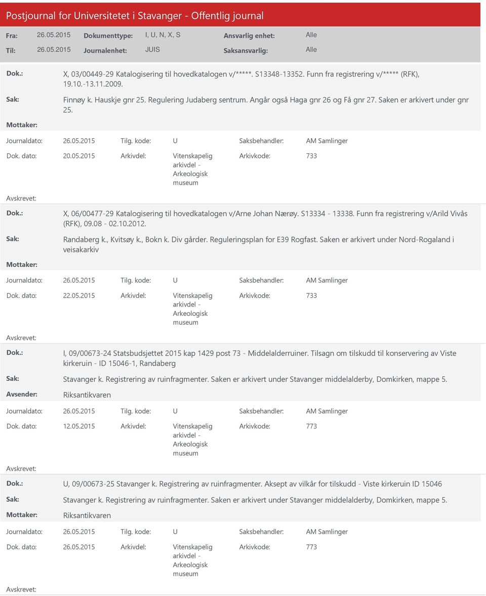 2015 Arkivdel: Vitenskapelig Arkivkode: 733 X, 06/00477-29 Katalogisering til hovedkatalogen v/arne Johan Nærøy. S13334-13338. Funn fra registrering v/arild Vivås (RFK), 09.08-02.10.2012. Randaberg k.