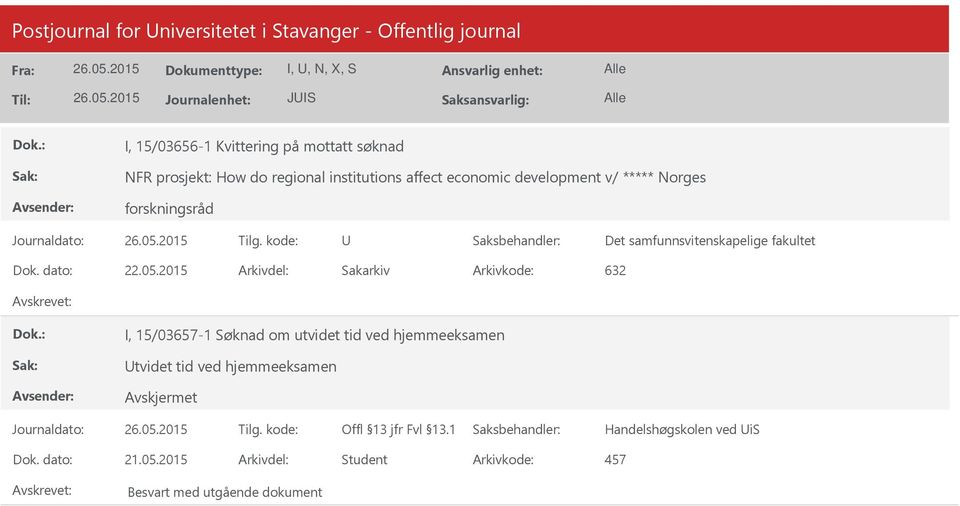 fakultet Arkivkode: 632 I, 15/03657-1 Søknad om utvidet tid ved hjemmeeksamen tvidet tid ved hjemmeeksamen Avskjermet Offl