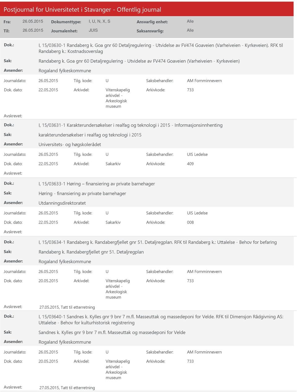 Goa gnr 60 Detaljregulering - tvidelse av FV474 Goaveien (Varheiveien - Kyrkeveien) I, 15/03631-1 Karakterundersøkelser i realfag og teknologi i 2015 - Informasjonsinnhenting karakterundersøkelser i