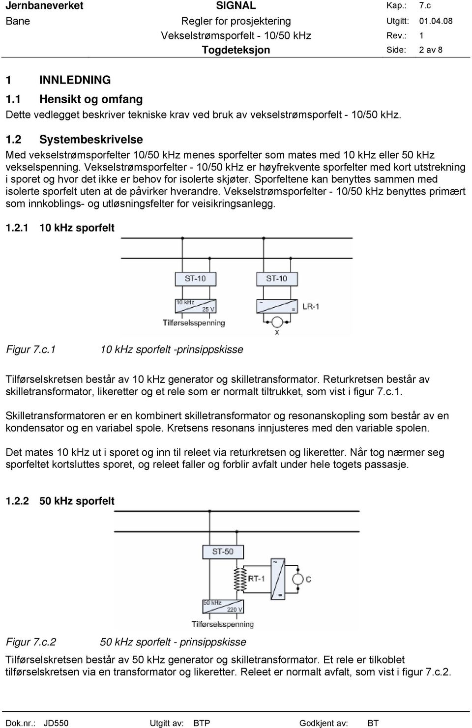 Sporfeltene kan benyttes sammen med isolerte sporfelt uten at de påvirker hverandre. Vekselstrømsporfelter - 10/50 khz benyttes primært som innkoblings- og utløsningsfelter for veisikringsanlegg. 1.2.