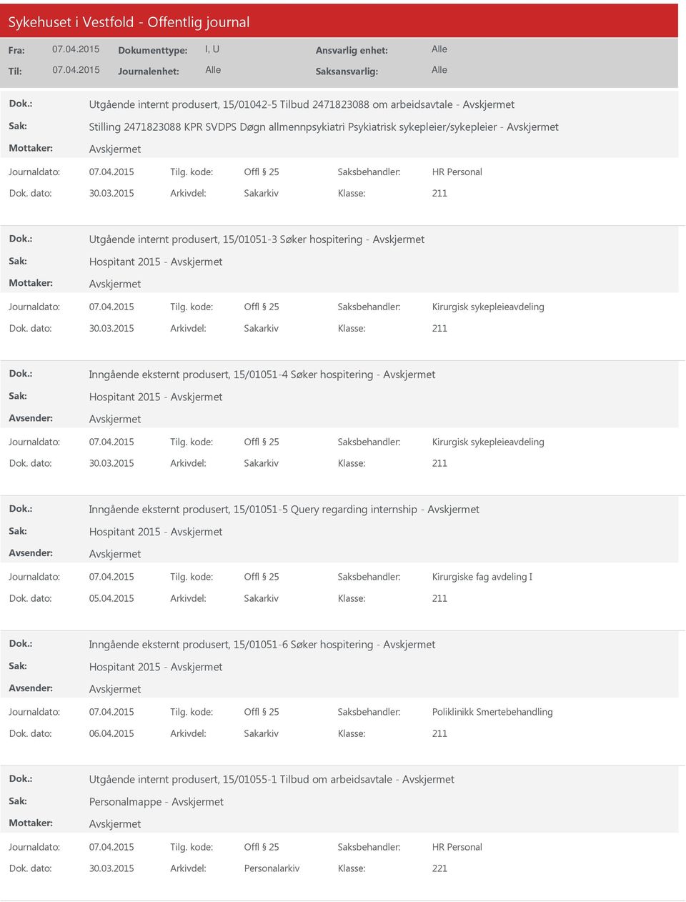 2015 Arkivdel: Sakarkiv Inngående eksternt produsert, 15/01051-4 Søker hospitering - Hospitant 2015 - Kirurgisk sykepleieavdeling Dok. dato: 30.03.