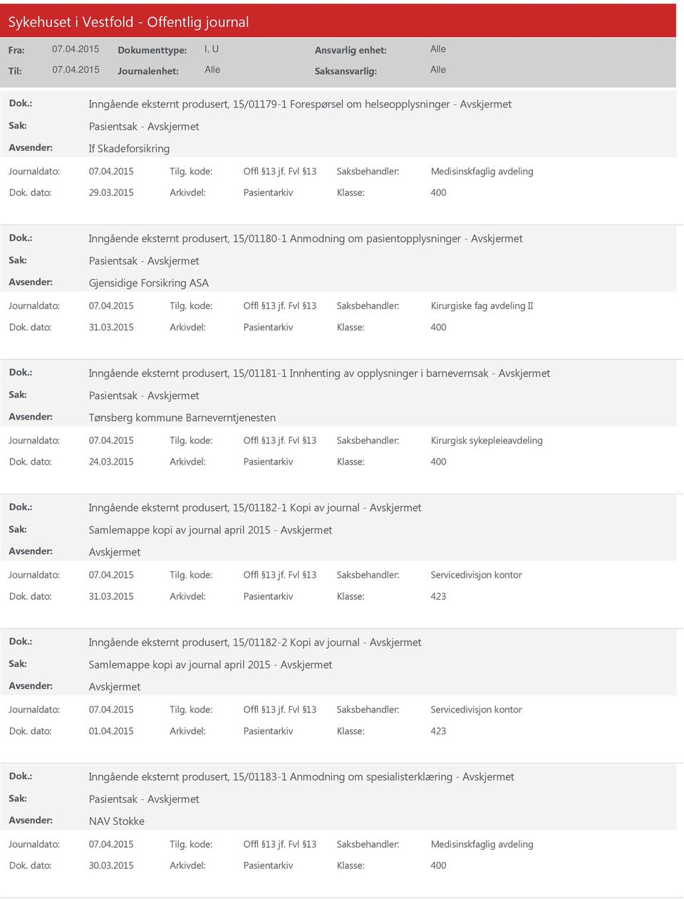 2015 Arkivdel: Pasientarkiv Inngående eksternt produsert, 15/01181-1 Innhenting av opplysninger i barnevernsak - Pasientsak - Tønsberg kommune Barneverntjenesten Kirurgisk sykepleieavdeling Dok.