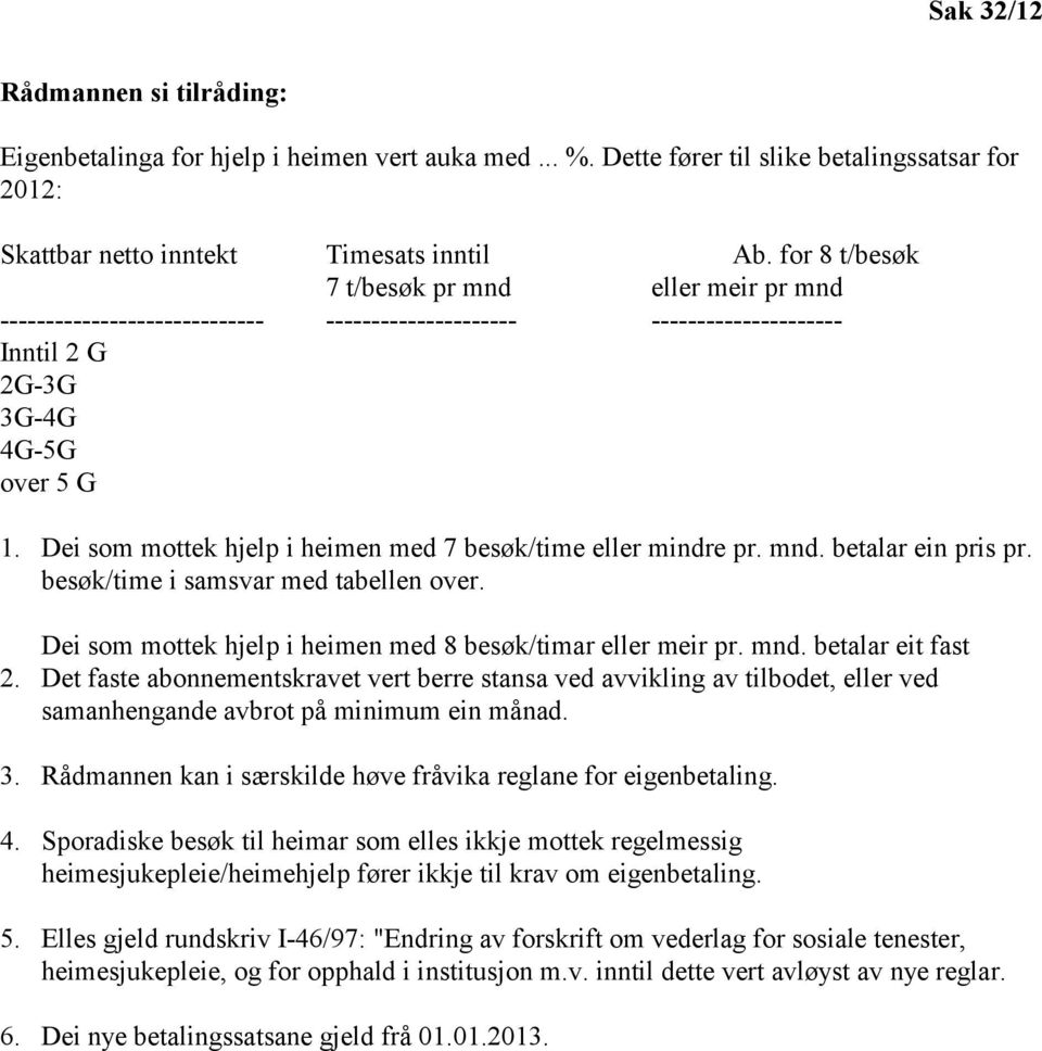 Dei som mottek hjelp i heimen med 7 besøk/time eller mindre pr. mnd. betalar ein pris pr. besøk/time i samsvar med tabellen over. Dei som mottek hjelp i heimen med 8 besøk/timar eller meir pr. mnd. betalar eit fast 2.