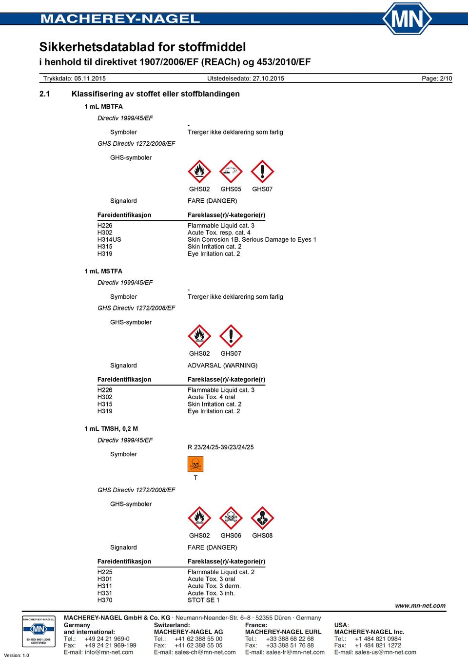 Flammable Liquid cat. 3 H302 Acute Tox. resp. cat. 4 H314US Skin Corrosion 1B. Serious Damage to Eyes 1 H315 Skin Irritation cat. 2 H319 Eye Irritation cat.