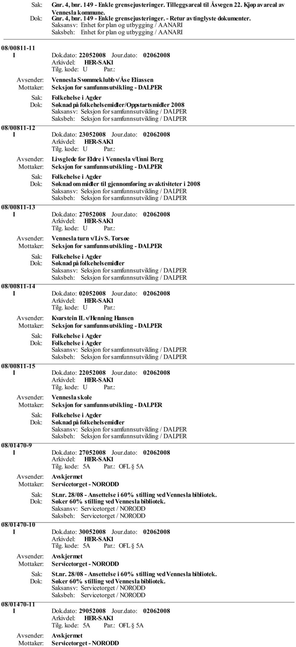 dato: Vennesla Svømmeklubb v/åse Eliassen Seksjon for samfunnsutvikling - DALPER Folkehelse i Agder Søknad på folkehelsemidler/oppstartsmidler 2008 08/00811-12 I Dok.dato: 23052008 Jour.