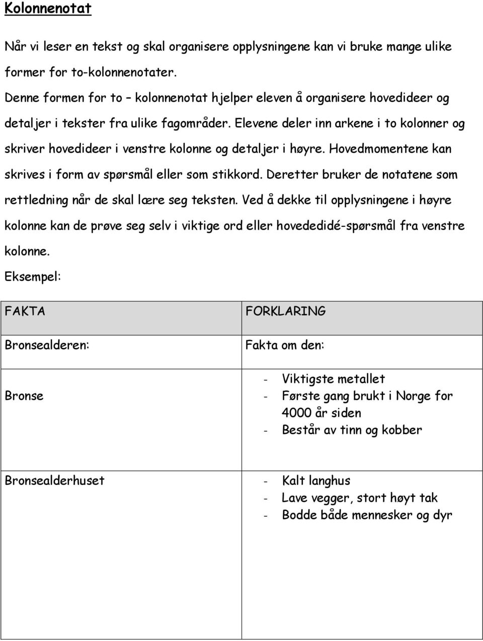 Elevene deler inn arkene i to kolonner og skriver hovedideer i venstre kolonne og detaljer i høyre. Hovedmomentene kan skrives i form av spørsmål eller som stikkord.