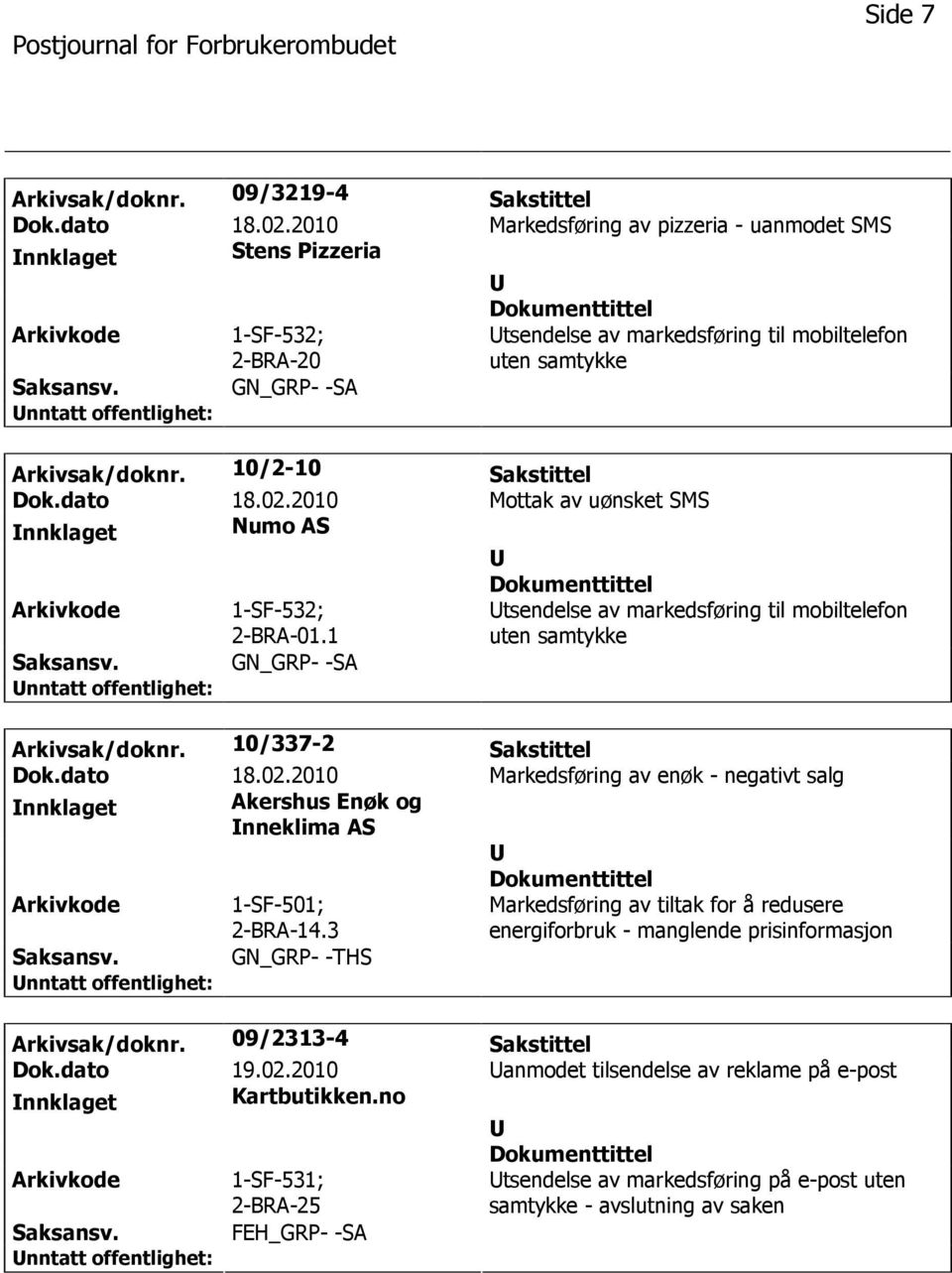 dato 18.02.2010 Mottak av uønsket SMS nnklaget Numo AS 1-SF-532; 2-BRA-01.1 tsendelse av markedsføring til mobiltelefon uten samtykke GN_GRP- -SA Arkivsak/doknr. 10/337-2 Sakstittel Dok.dato 18.02.2010 Markedsføring av enøk - negativt salg nnklaget Akershus Enøk og nneklima AS 1-SF-501; 2-BRA-14.