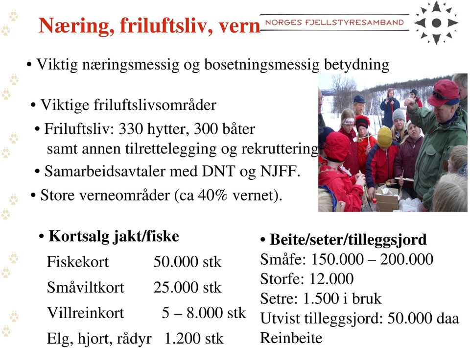 Store verneområder (ca 40% vernet). Kortsalg jakt/fiske Fiskekort 50.000 stk Småviltkort 25.000 stk Villreinkort 5 8.