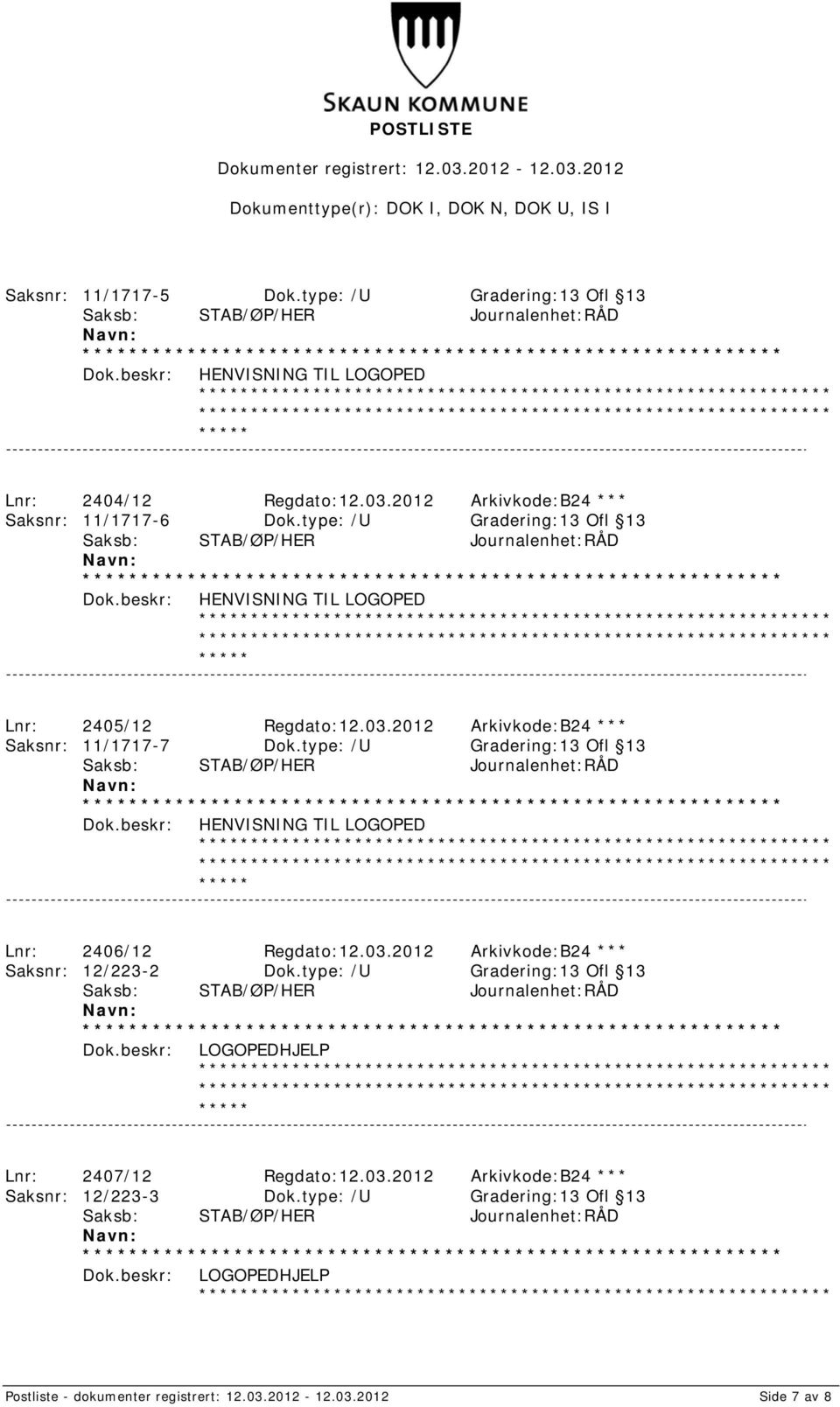 type: /U Gradering:13 Ofl 13 HENVISNING TIL LOGOPED Lnr: 2406/12 Regdato:12.03.2012 Arkivkode:B24 *** Saksnr: 12/223-2 Dok.