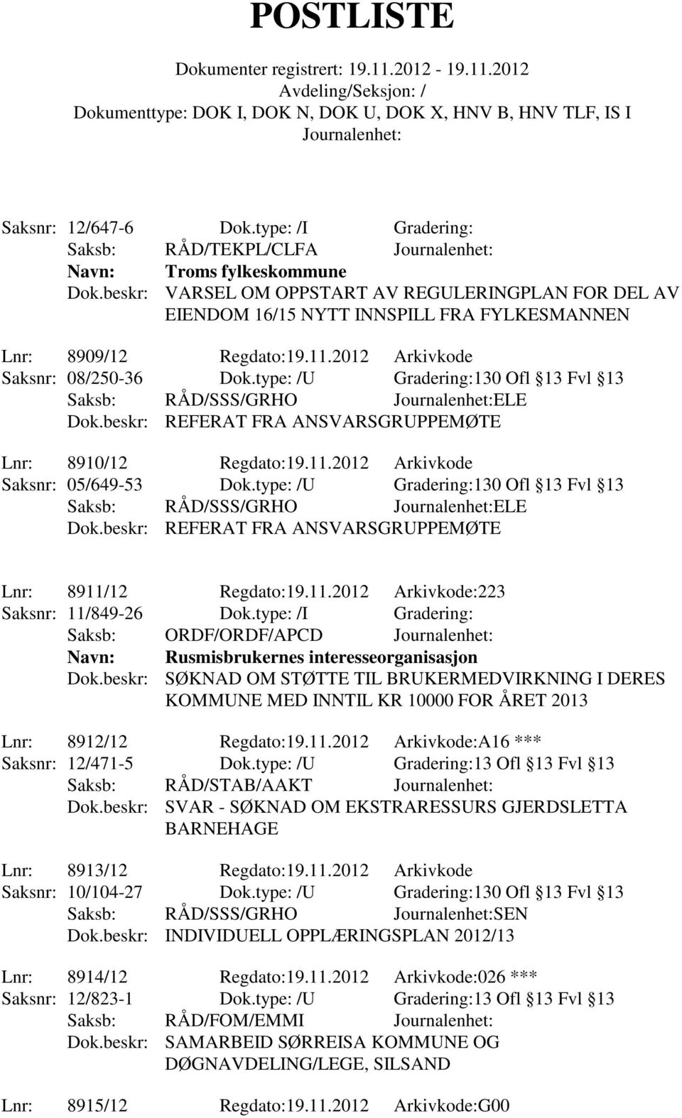 type: /U Gradering:130 Ofl 13 Fvl 13 Lnr: 8910/12 Regdato:19.11.2012 Arkivkode Saksnr: 05/649-53 Dok.type: /U Gradering:130 Ofl 13 Fvl 13 Lnr: 8911/12 Regdato:19.11.2012 Arkivkode:223 Saksnr: 11/849-26 Dok.
