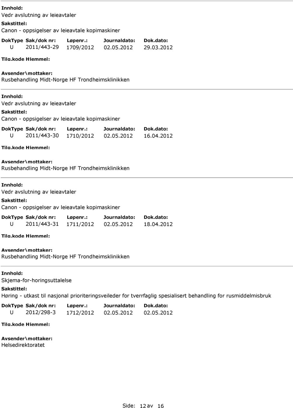 2012 Rusbehandling Midt-Norge HF Trondheimsklinikken Skjema-for-horingsuttalelse Høring - utkast til