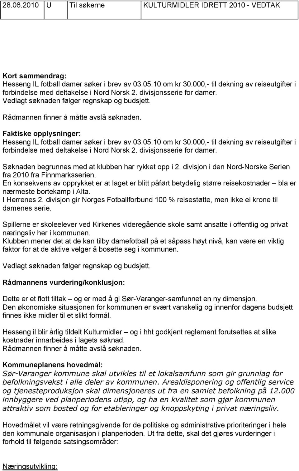 Faktiske opplysninger: Hesseng IL fotball damer søker i brev av 03.05.10 om kr 30.000,- til dekning av reiseutgifter i forbindelse med deltakelse i Nord Norsk 2. divisjonsserie for damer.