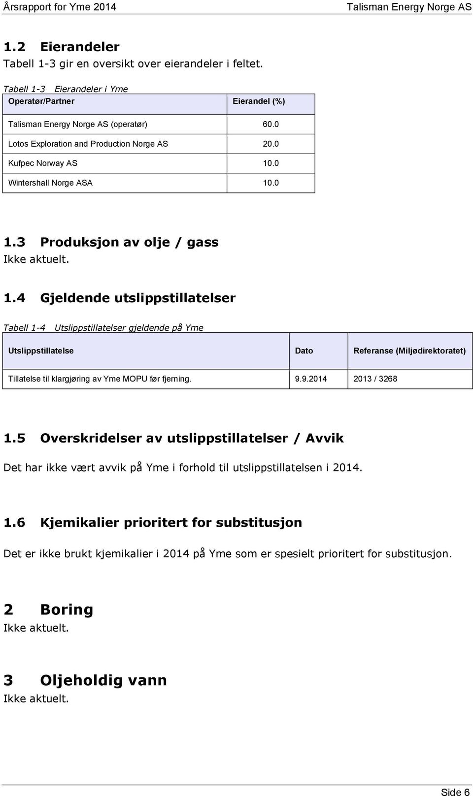 9.9.2014 2013 / 3268 1.5 Overskridelser av utslippstillatelser / Avvik Det har ikke vært avvik på Yme i forhold til utslippstillatelsen i 2014. 1.6 Kjemikalier prioritert for substitusjon Det er ikke brukt kjemikalier i 2014 på Yme som er spesielt prioritert for substitusjon.