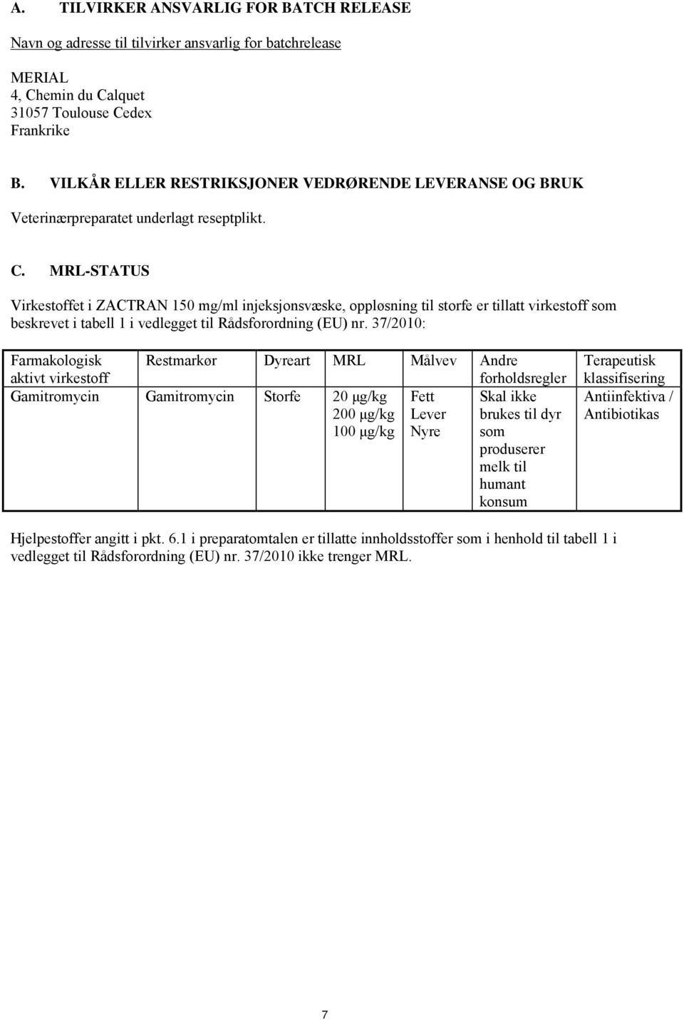 MRL-STATUS Virkestoffet i ZACTRAN 150 mg/ml injeksjonsvæske, oppløsning til storfe er tillatt virkestoff som beskrevet i tabell 1 i vedlegget til Rådsforordning (EU) nr.