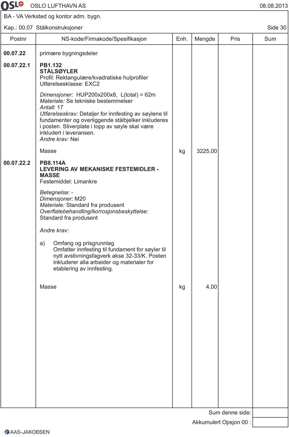 til fundamenter og overliggende stålbjelker inkluderes i posten. Stiverplate i topp av søyle skal være inkludert i leveransen. Masse kg 3225,00 00.07.22.2 PB8.