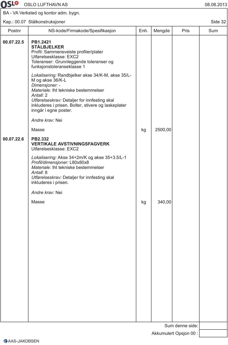 M og akse 36/K-L Dimensjoner: - Materiale: Iht tekniske bestemmelser Antall: 2 Utførelseskrav: Detaljer for innfesting skal inkluderes i prisen.