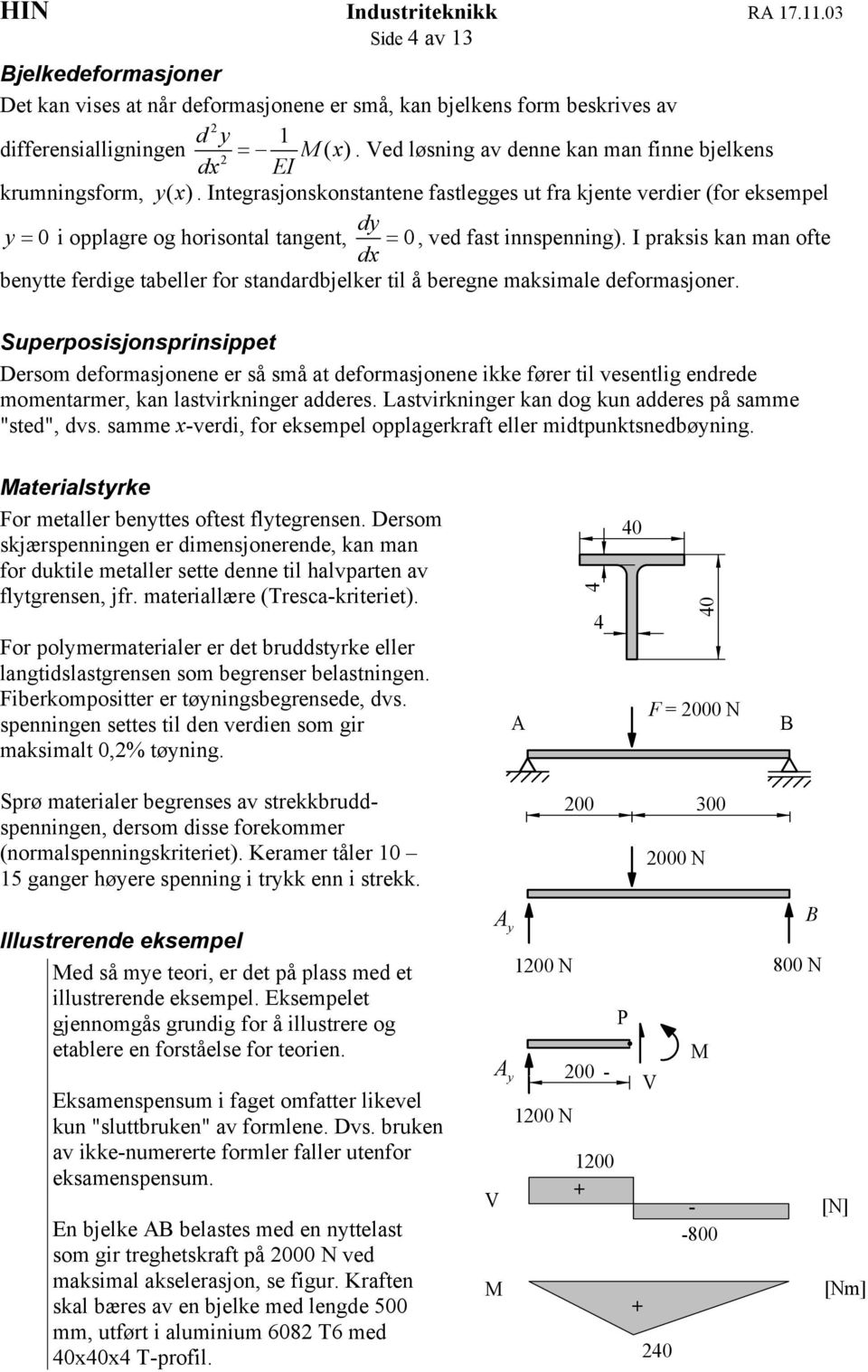 ( ) Integrasjonskonstantene fastlegges ut fra kjente verdier (for eksempel d = 0 i opplagre og horisontal tangent, 0 dx =, ved fast innspenning).