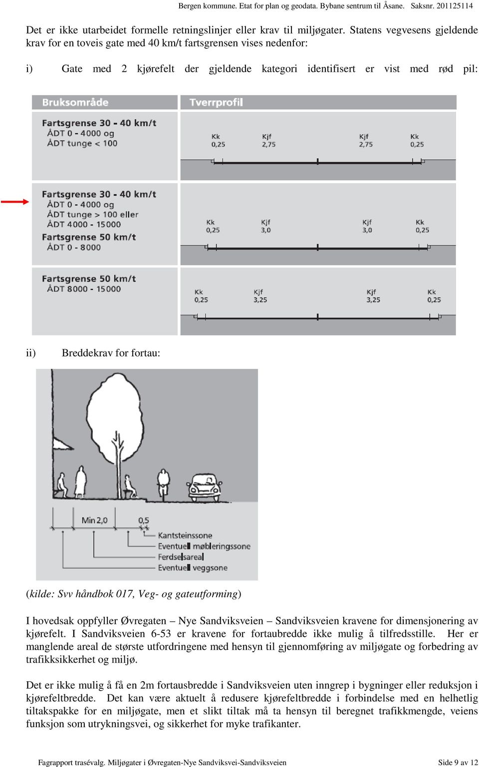 fortau: (kilde: Svv håndbok 017, Veg- og gateutforming) I hovedsak oppfyller Øvregaten Nye Sandviksveien Sandviksveien kravene for dimensjonering av kjørefelt.