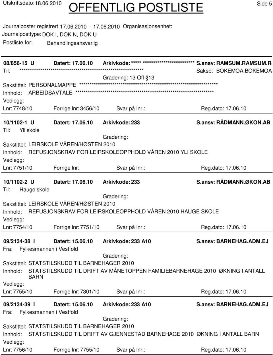 10 10/1102-1 U Datert: 17.06.10 Arkivkode:233 Til: Yli skole Innhold: REFUSJONSKRAV FOR LEIRSKOLEOPPHOLD VÅREN 2010 YLI SKOLE Lnr: 7751/10 Forrige lnr: Svar på lnr.: Reg.dato: 17.06.10 10/1102-2 U Datert: 17.