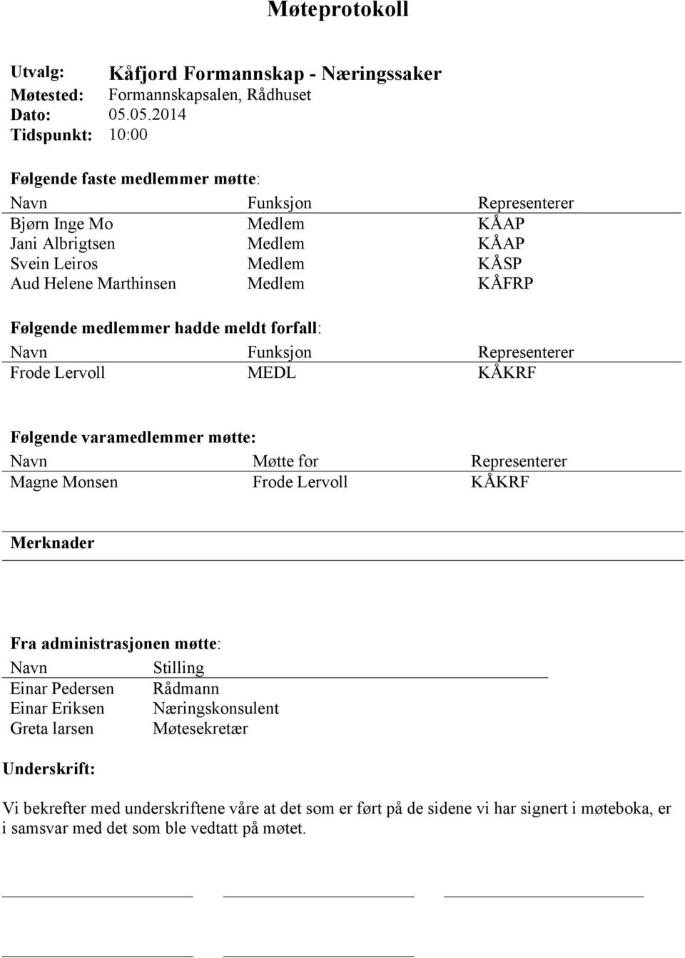 KÅFRP Følgende medlemmer hadde meldt forfall: Navn Funksjon Representerer Frode Lervoll MEDL KÅKRF Følgende varamedlemmer møtte: Navn Møtte for Representerer Magne Monsen Frode Lervoll KÅKRF