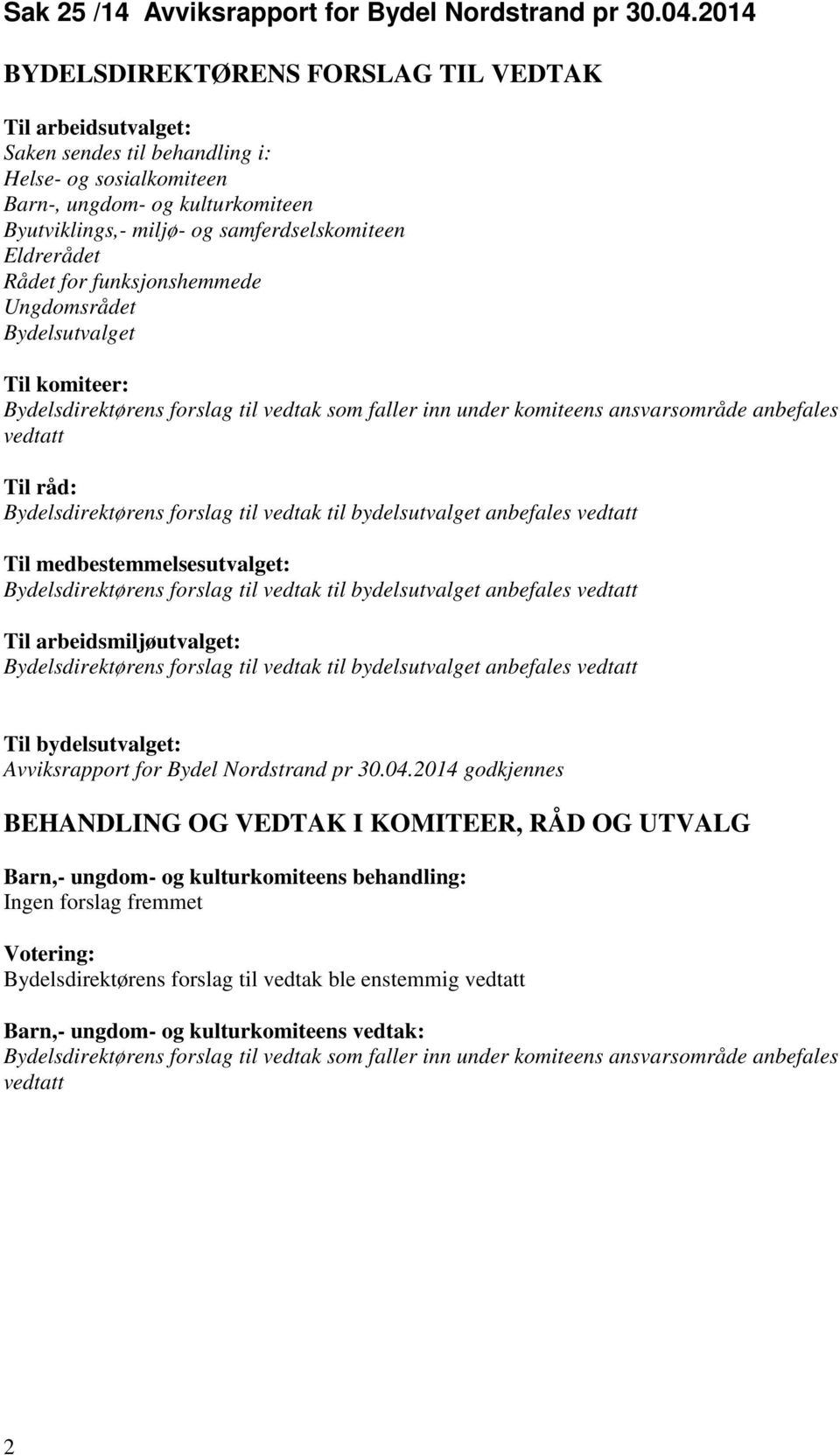 Ungdomsrådet Bydelsutvalget Til komiteer: Bydelsdirektørens forslag til vedtak som faller inn under komiteens ansvarsområde anbefales vedtatt Til råd: Bydelsdirektørens forslag til vedtak til