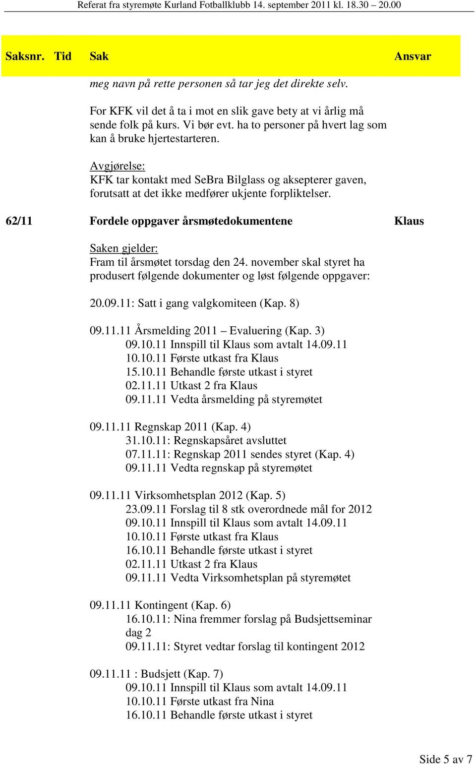 62/11 Fordele oppgaver årsmøtedokumentene Fram til årsmøtet torsdag den 24. november skal styret ha produsert følgende dokumenter og løst følgende oppgaver: 20.09.11: Satt i gang valgkomiteen (Kap.