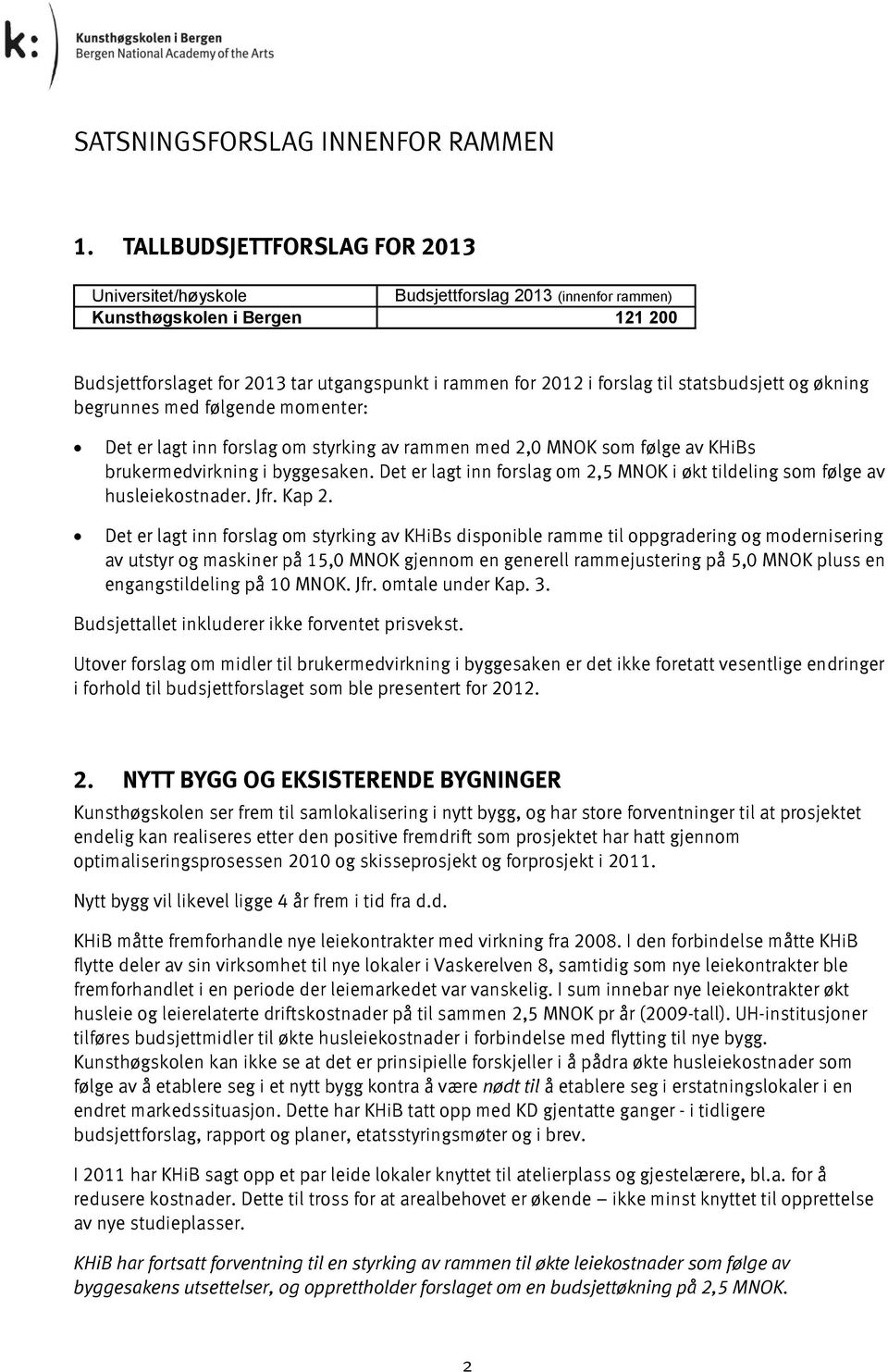 statsbudsjett og økning begrunnes med følgende momenter: Det er lagt inn forslag om styrking av rammen med 2,0 MNOK som følge av KHiBs brukermedvirkning i byggesaken.