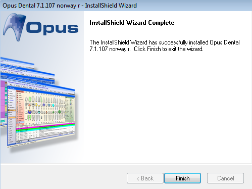 - Klikk på Finish. Installasjonen av Opus Dental er nå utført på denne maskinen.