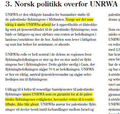 Norge støtter UNRWA og «retten til å vende tilbake» https://www.