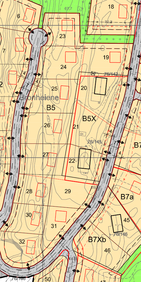 Område B5/B5X: Tmte- g byggegrenser er justert i henhld til målebrev. Justeringene er i hvedsak knyttet til tmtene 19-22, sm er eksisterende tmter der det er ppført 2 fritidsbliger.