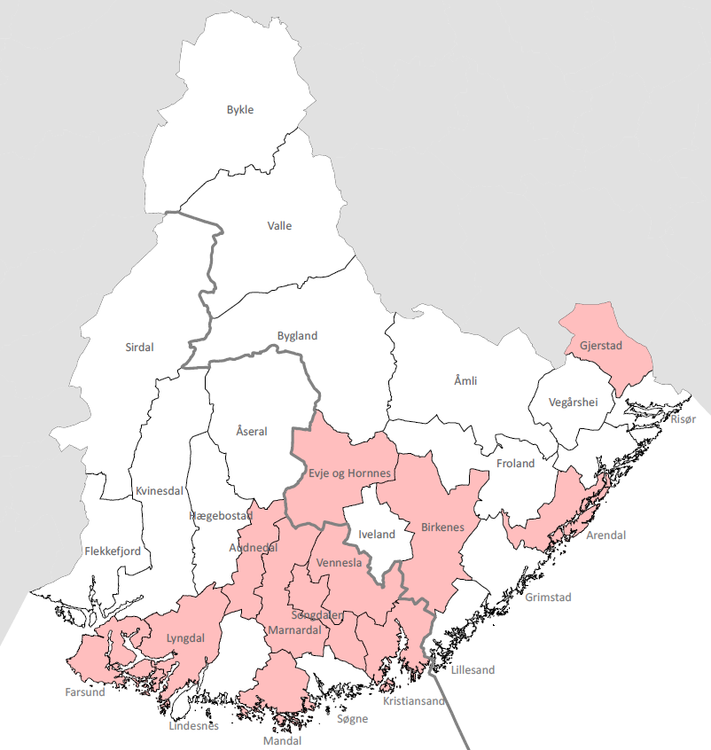 Figur 2: Kartet viser med farge de 12 kommunene som i sine sluttvedtak er positive til