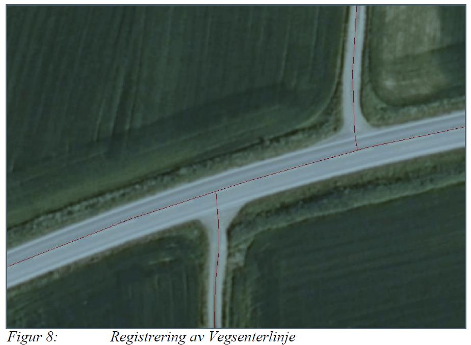 VegSenterlinje «Linje midt mellom vegkanter. Vanlige veger uten fysisk skille registreres som VegSenterlinje.»..OBJTYPE VegSenterlinje..KVALITET 24 33 0 24 16..DATAFANGSTDATO 20150421.