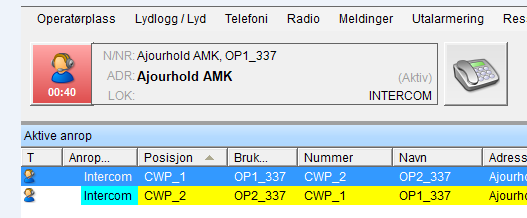 Ringe internt i kontrollrom For å ta kontakt med annen operatør i eget kontrollrom «Dobbeltklikk» på