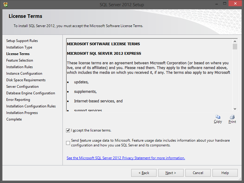 Velg Perform a new installation of SQL Server 2012 Trykk Next Klikk inn I accept the license terms etter at du har lest
