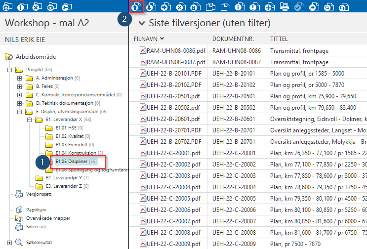 esam/byggeweb Rolleveiledning: Utveksler (Bane NOR og eksternt) side 2/10 Typiske handlinger Utveksler Laste opp filer (Upload) I Arbeidsområdet