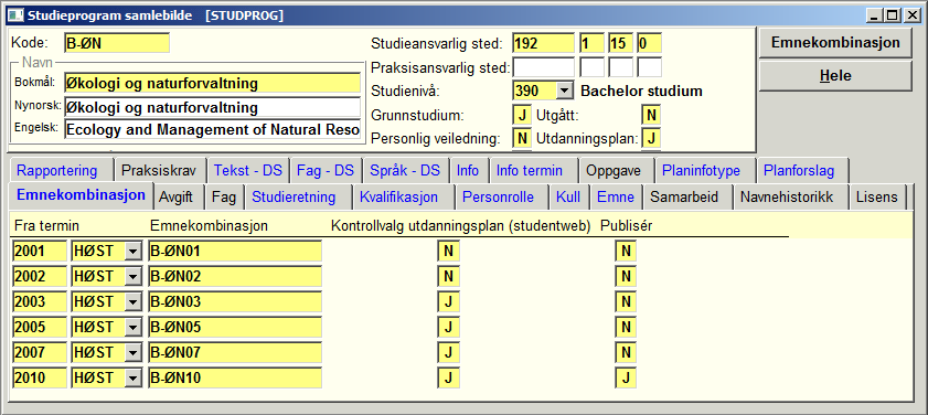 Studieprogram samlebilde - Emnekombinasjon Fra termin: Termin emnekombinasjonen gjelder fra. Denne refererer til starttermin for kullet studenten følger (termin oppgitt på studieprogramstudent).