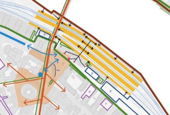 Alternativ A: Ny atkomst fra Bybrua til en midtplattform og sideplattformer Ny atkomst med trapp fra Bybrua til plattform 1 og midtplattform spor 4 og 5.