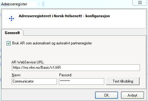 1 NHN Adresseregister 1.1 Generelt/Oppsett DIPS Communicator har mulighet til å hente ned informasjon om partnere automatisk fra Norsk Helsenetts adresseregister.