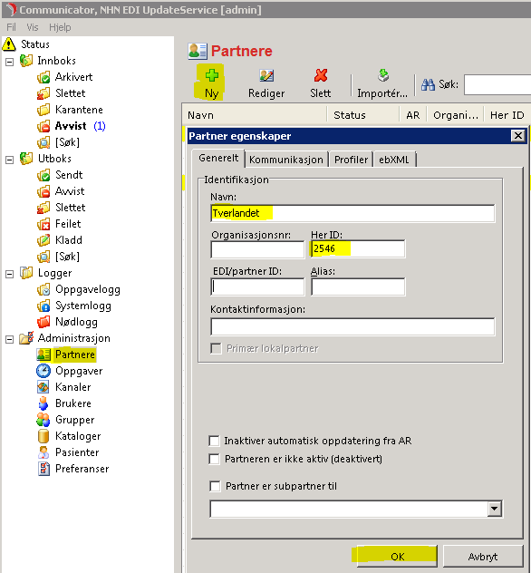 Kopier eller skriv ned HER-IDen, velg "Administrasjon" "Partnere" i venstremenyen og trykk på knappen "Ny"